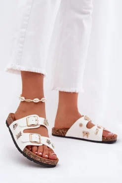 Klapki Damskie Na Korkowej Podeszwie Z Klamrami I Przypinkami Białe Efadelis