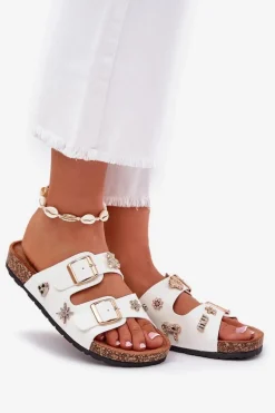 Klapki Damskie Na Korkowej Podeszwie Z Klamrami I Przypinkami Białe Efadelis