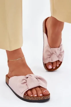 Klapki Damskie Na Korkowej Podeszwie Kokardką Jasnoróżowe Seressa