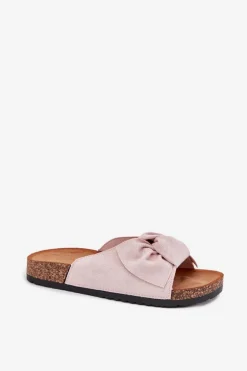 Klapki Damskie Na Korkowej Podeszwie Kokardką Jasnoróżowe Seressa