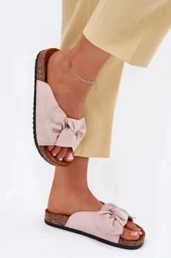 Klapki Damskie Na Korkowej Podeszwie Kokardką Jasnoróżowe Seressa