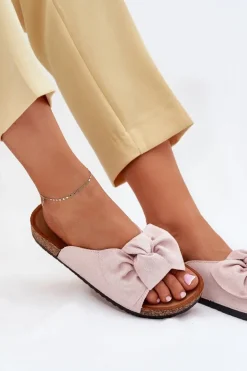 Klapki Damskie Na Korkowej Podeszwie Kokardką Jasnoróżowe Seressa