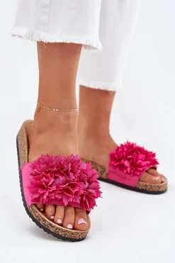 Klapki Damskie Na Korkowej Podeszwie Z Kwiatkami Fuksja Ferenza