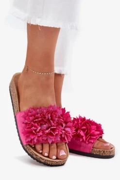 Klapki Damskie Na Korkowej Podeszwie Z Kwiatkami Fuksja Ferenza