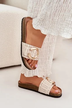 Klapki Damskie Na Korkowej Platformie Ze Złotą Klamrą Beżowe Nilaviena