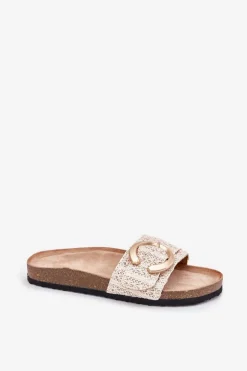 Klapki Damskie Na Korkowej Platformie Ze Złotą Klamrą Beżowe Nilaviena