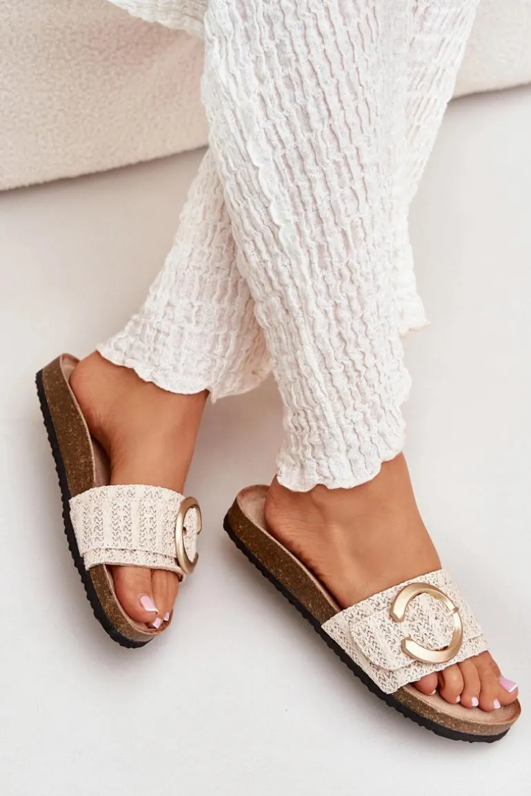 Klapki Damskie Na Korkowej Platformie Ze Złotą Klamrą Beżowe Nilaviena