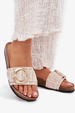 Klapki Damskie Na Korkowej Platformie Ze Złotą Klamrą Beżowe Nilaviena