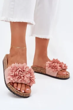 Klapki Damskie Na Korkowej Podeszwie Z Kwiatkami Różowe Ferenza