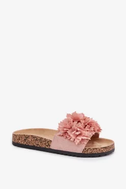 Klapki Damskie Na Korkowej Podeszwie Z Kwiatkami Różowe Ferenza