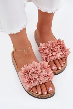 Klapki Damskie Na Korkowej Podeszwie Z Kwiatkami Różowe Ferenza