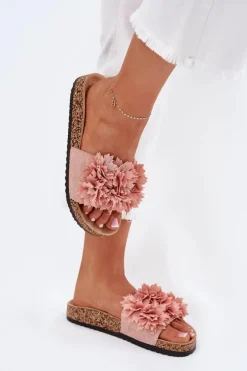 Klapki Damskie Na Korkowej Podeszwie Z Kwiatkami Różowe Ferenza
