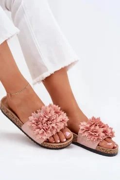 Klapki Damskie Na Korkowej Podeszwie Z Kwiatkami Różowe Ferenza