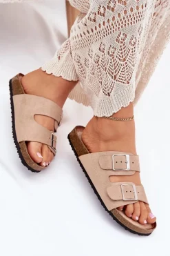 Klapki Damskie Na Korkowej Platformie Klamry Beżowe Evisolla