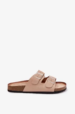 Klapki Damskie Na Korkowej Platformie Klamry Beżowe Evisolla