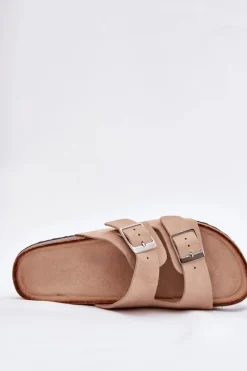 Klapki Damskie Na Korkowej Platformie Klamry Beżowe Evisolla