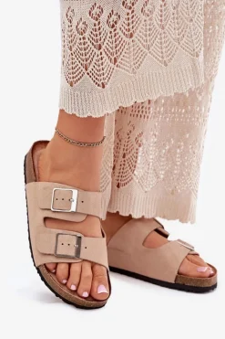 Klapki Damskie Na Korkowej Platformie Klamry Beżowe Evisolla