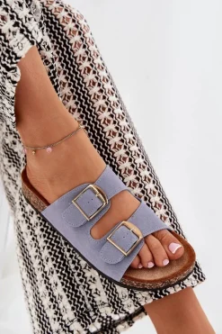 Klapki Damskie Na Korkowej Platformie Ze Złotymi Klamrami Niebieskie Lisavionea