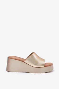 Klapki Damskie Na Koturnie Eko Skórzane Złote Obenae