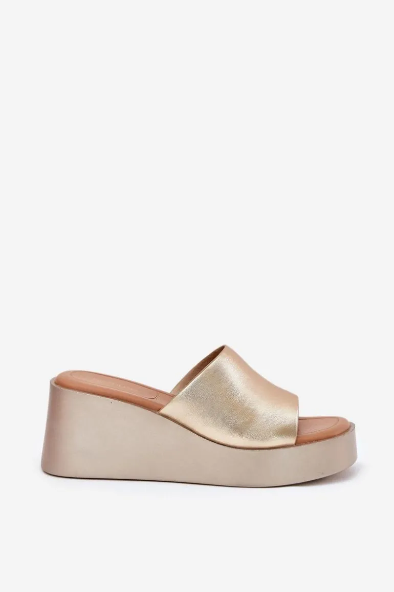 Klapki Damskie Na Koturnie Eko Skórzane Złote Obenae