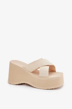 Klapki Damskie Na Koturnie I Platformie Beżowe Sevolee
