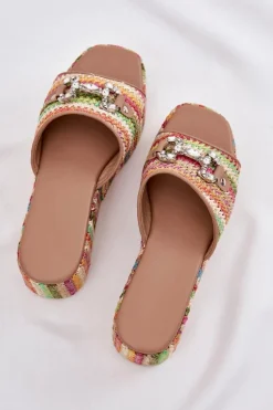 Klapki Damskie Na Koturnie Z Plecionką I Ozdobą Multikolor Isolene