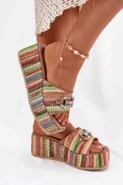 Klapki Damskie Na Koturnie Z Plecionką I Ozdobą Multikolor Isolene