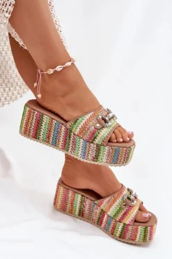 Klapki Damskie Na Koturnie Z Plecionką I Ozdobą Multikolor Isolene