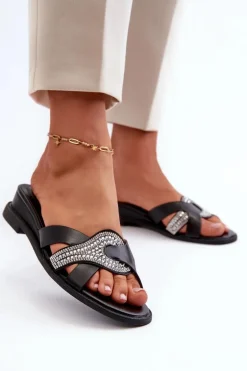 Klapki Damskie Na Koturnie Ze Zdobieniem Czarne Asysa