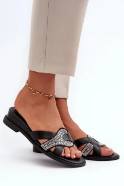 Klapki Damskie Na Koturnie Ze Zdobieniem Czarne Asysa