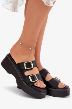 Klapki Damskie Na Koturnie I Platformie Z Klamrami Czarne Nitarelia