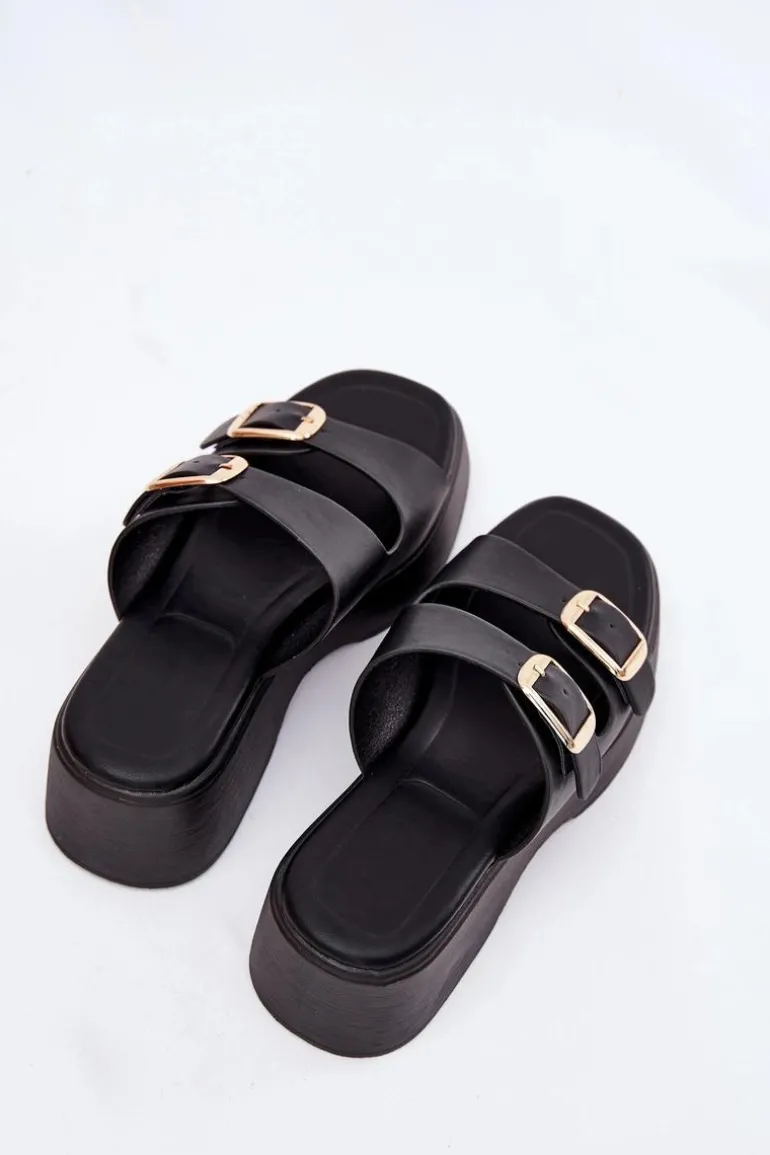 Klapki Damskie Na Koturnie I Platformie Z Klamrami Czarne Nitarelia