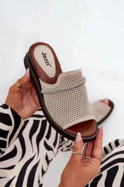 Klapki Damskie Na Koturnie Z Ozdobnym Paseczkiem Beżowe Teriwes