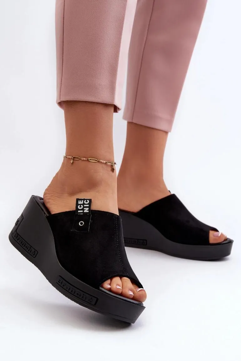 Klapki Damskie Na Koturnie Czarne Vleni