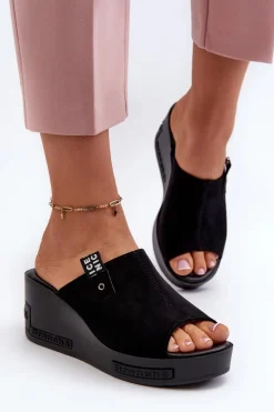 Klapki Damskie Na Koturnie Czarne Vleni