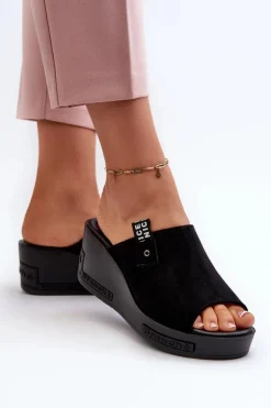 Klapki Damskie Na Koturnie Czarne Vleni