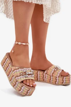 Klapki Damskie Na Koturnie Z Plecionką I Ozdobą Multikolor Isolene