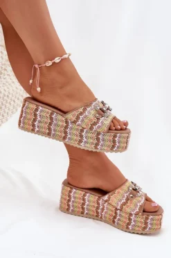 Klapki Damskie Na Koturnie Z Plecionką I Ozdobą Multikolor Isolene