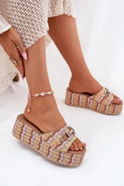 Klapki Damskie Na Koturnie Z Plecionką I Ozdobą Multikolor Isolene