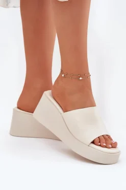 Klapki Damskie Na Koturnie Eko Skórzane Jasnobeżowe Obenae