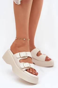 Klapki Damskie Na Koturnie I Platformie Z Klamrami Jasnobeżowe Nitarelia