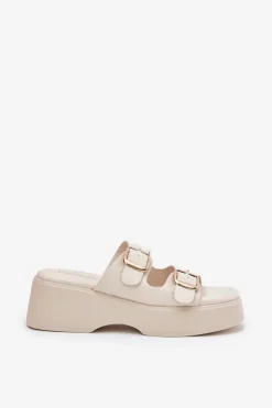 Klapki Damskie Na Koturnie I Platformie Z Klamrami Jasnobeżowe Nitarelia