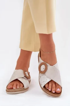 Klapki Damskie Na Koturnie Z Ozdobną Klamrą Inblu RV000012 Jasnobeżowe