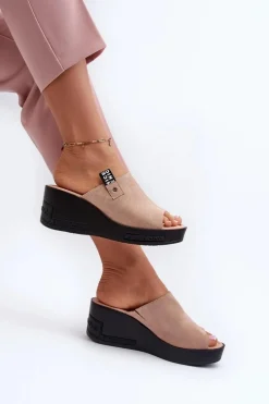 Klapki Damskie Na Koturnie Beżowe Vleni