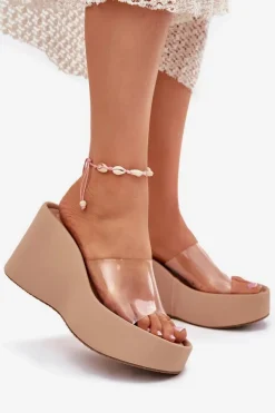 Klapki Damskie Na Koturnie Z Transparentnym Paskiem Beżowe Zolretia