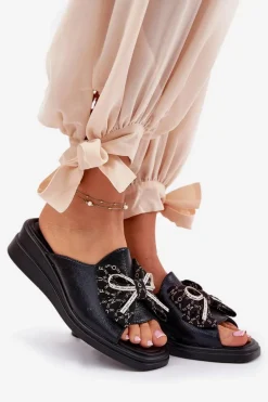 Klapki Damskie Na Koturnie Z Kokardą Czarne Moonzella