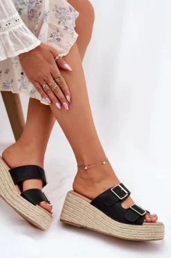 Klapki Damskie Na Koturnie Z Plecionką I Klamrami Czarne Pasinea