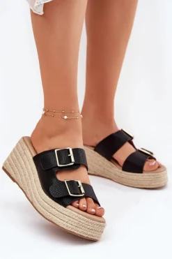 Klapki Damskie Na Koturnie Z Plecionką I Klamrami Czarne Pasinea