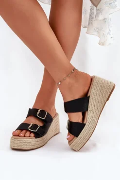 Klapki Damskie Na Koturnie Z Plecionką I Klamrami Czarne Pasinea