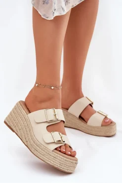 Klapki Damskie Na Koturnie Z Plecionką I Klamrami Beżowe Pasinea